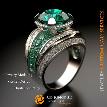 Ring With Emerald and Diamonds - 3D CAD Jewelry