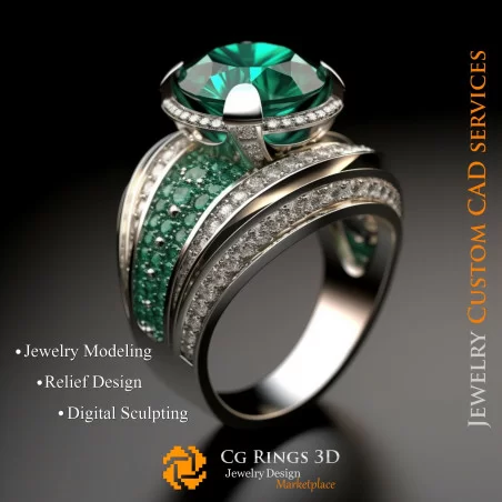 Ring With Emerald and Diamonds - 3D CAD Jewelry Home, AI - Jewelry 3D CAD , AI - Rings 3D CAD 