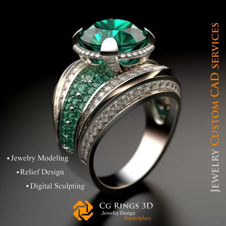Ring mit Smaragd und Diamanten - 3D CAD Schmuck Ring mit Smaragd und Diamanten - 3D CAD Schmuck