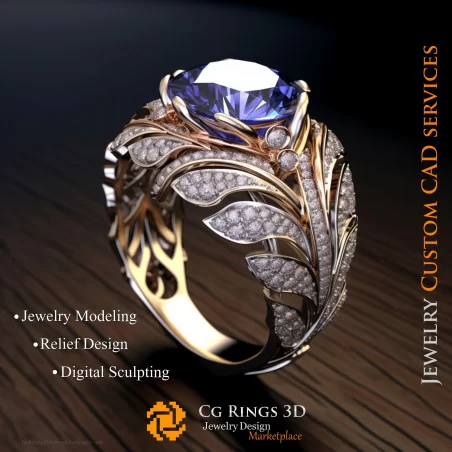 Bague avec Saphir et Diamants - Bijoux 3D CAO Home, AI - Bijoux 3D CAO, AI - Anneaux 3D CAO 