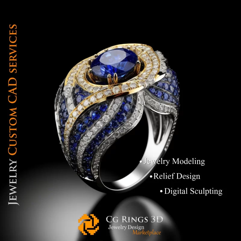 Anillo con zafiro y diamantes - CAD 3D Joyería
