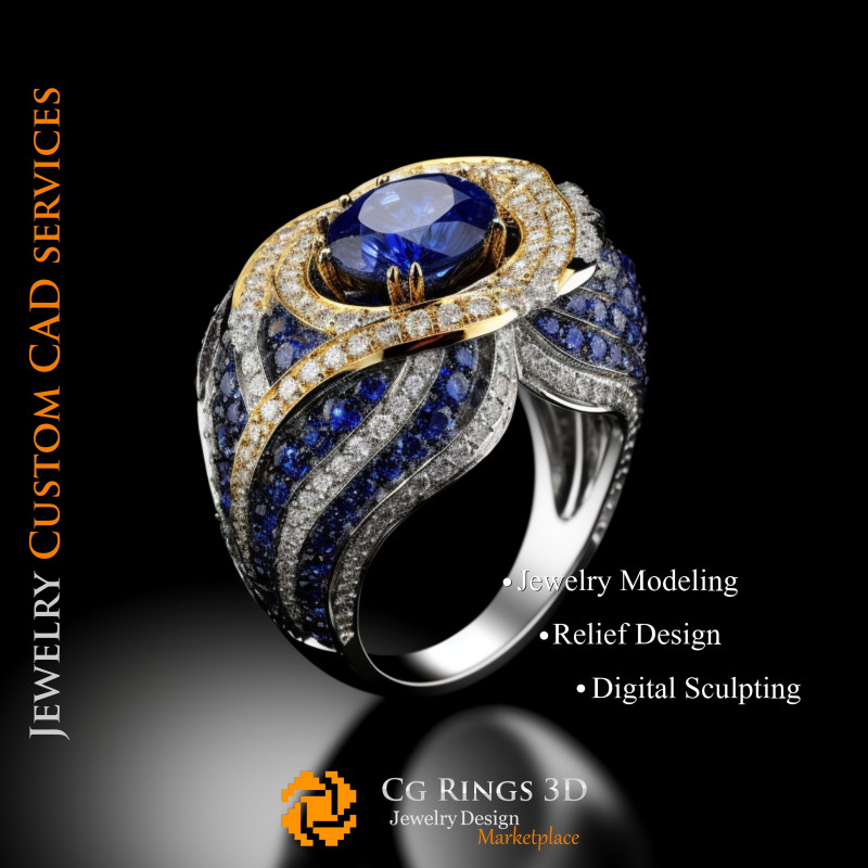 Ring With Saphir and Diamonds - 3D CAD Jewelry Home, AI - Jewelry 3D CAD , AI - Rings 3D CAD 