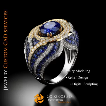 Ring mit Saphir und Diamanten - 3D-CAD-Schmuck Zuhause, KI - Schmuck 3D-CAD, KI - Ringe 3D-CAD