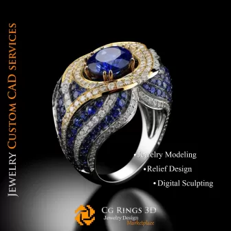 Anillo con zafiro y diamantes - CAD 3D de joyería para el hogar, IA - CAD 3D de joyería, IA - CAD 3D de anillos