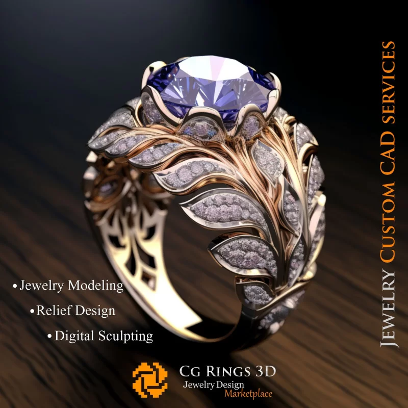 Bague avec Saphir et Diamants - Bijoux 3D CAO Home, AI - Bijoux 3D CAO, AI - Anneaux 3D CAO 