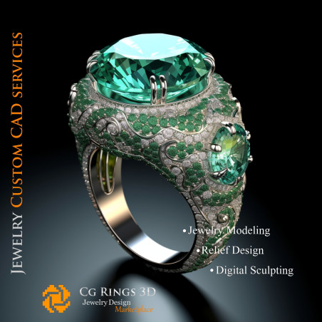 Bague avec émeraude et diamants - Bijoux 3D CAO Home, AI - Bijoux 3D CAO, AI - Anneaux 3D CAO 