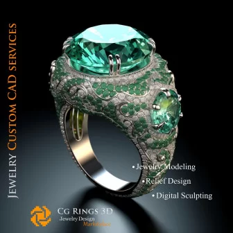 Ring mit Smaragd und Diamanten - 3D-CAD-Schmuck Zuhause, KI - Schmuck 3D-CAD, KI - Ringe 3D-CAD