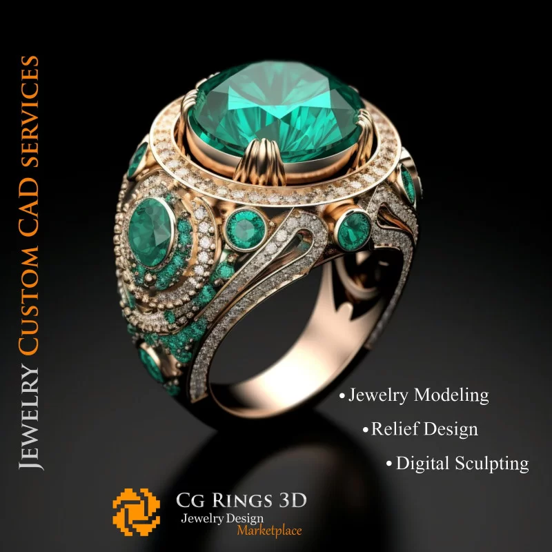 Ring With Emerald and Diamonds - 3D CAD Jewelry Home, AI - Jewelry 3D CAD , AI - Rings 3D CAD 