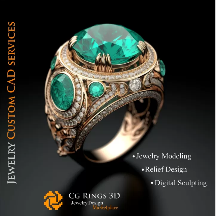 Ring mit Smaragd und Diamanten - 3D-CAD-Schmuck Ring mit Smaragd und Diamanten - 3D-CAD-Schmuck