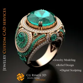 Ring With Emerald and Diamonds - 3D CAD Jewelry Home, AI - Jewelry 3D CAD , AI - Rings 3D CAD 