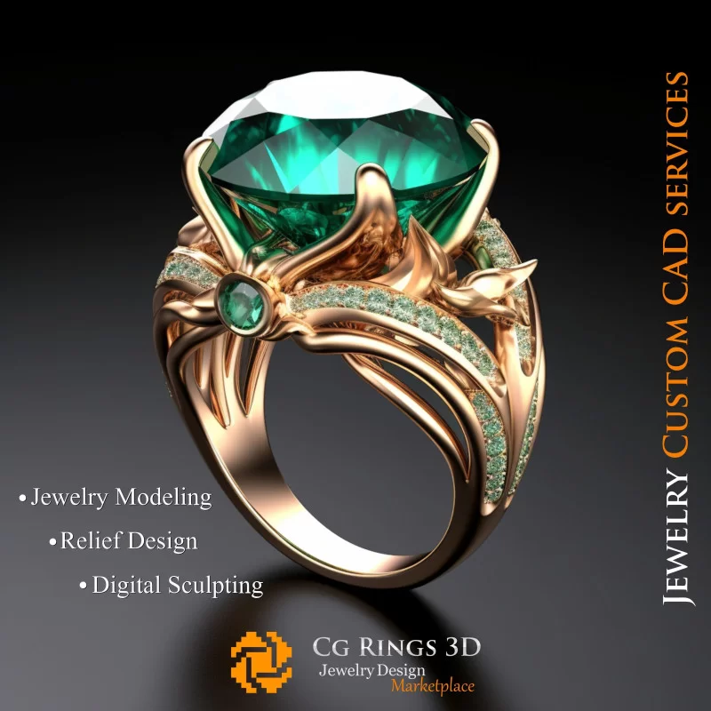 Ring With Emerald and Diamonds - 3D CAD Jewelry Home, AI - Jewelry 3D CAD , AI - Rings 3D CAD 