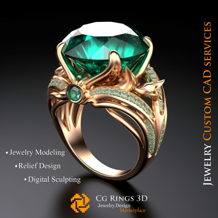 Ring With Emerald and Diamonds - 3D CAD Jewelry