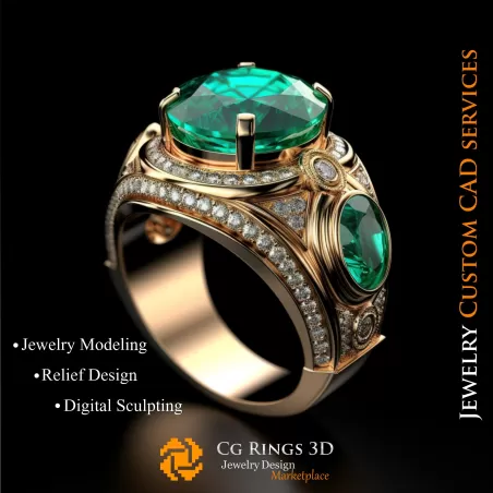 Anillo con esmeralda y diamantes - CAD 3D de joyería para el hogar, IA - CAD 3D de joyería, IA - CAD 3D de anillos