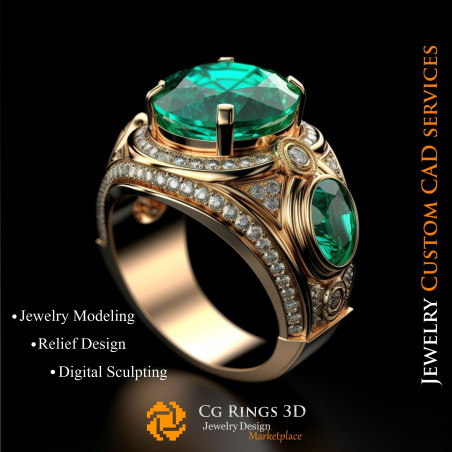 Ring With Emerald and Diamonds - 3D CAD Jewelry Home, AI - Jewelry 3D CAD , AI - Rings 3D CAD 