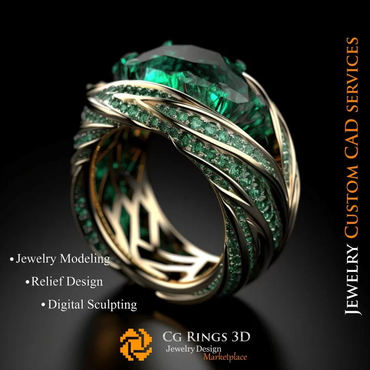 Ring With Emerald and Diamonds - 3D CAD Jewelry