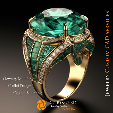 Ring With Emerald and Diamonds - 3D CAD Jewelry