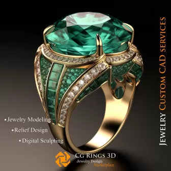Anillo con esmeralda y diamantes - CAD 3D de joyería para el hogar, IA - CAD 3D de joyería, IA - Anillos CAD 3D