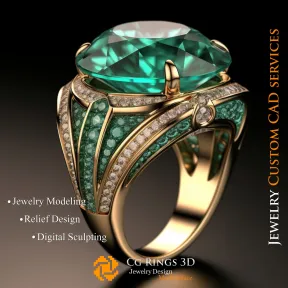 Ring With Emerald and Diamonds - 3D CAD Jewelry Home, AI - Jewelry 3D CAD , AI - Rings 3D CAD 