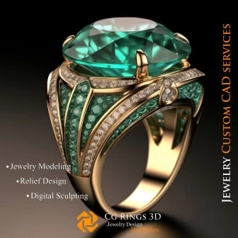 Bague avec émeraude et diamants - Bijoux 3D CAO Home, AI - Bijoux 3D CAO, AI - Anneaux 3D CAO 