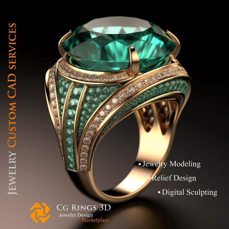 Bague avec émeraude et diamants - Bijoux 3D CAO Home, AI - Bijoux 3D CAO, AI - Anneaux 3D CAO 