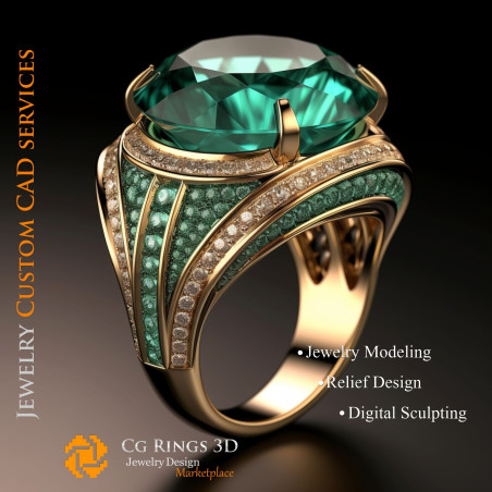 Ring With Emerald and Diamonds - 3D CAD Jewelry Home, AI - Jewelry 3D CAD , AI - Rings 3D CAD 