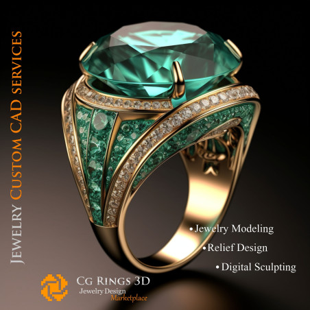 Ring With Emerald and Diamonds - 3D CAD Jewelry