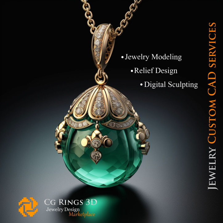 Pendant with Emerald and Diamonds - 3D CAD Jewelry