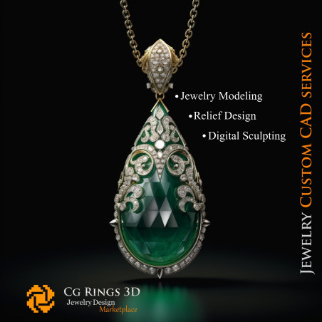 Pendant with Emerald and Diamonds - 3D CAD Jewelry Home, AI - Jewelry 3D CAD , AI - Pendants 3D CAD 