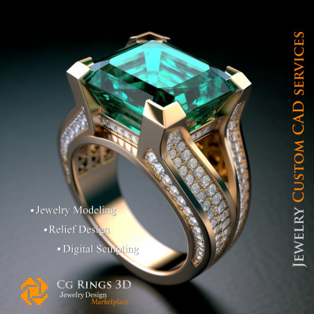 Ring With Emerald and Diamonds - 3D CAD Jewelry