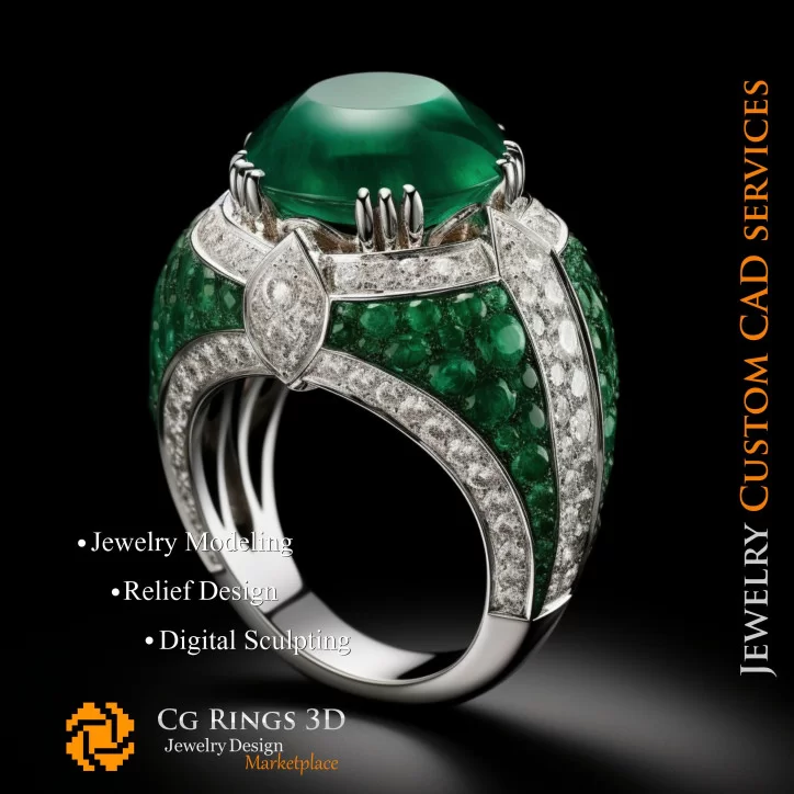 Ring With Emerald and Diamonds - 3D CAD Jewelry