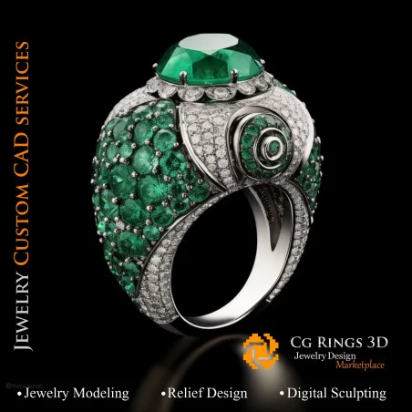 Bague avec émeraude et diamants - Bijoux 3D CAO Home, AI - Bijoux 3D CAO, AI - Anneaux 3D CAO 