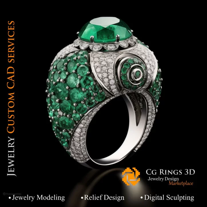 Bague avec émeraude et diamants - Bijoux 3D CAO