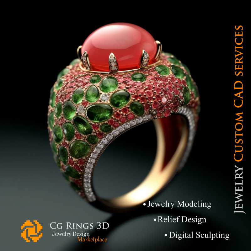 Ring With Coral,Emerald and Diamonds - 3D CAD Jewelry Home, AI - Jewelry 3D CAD , AI - Rings 3D CAD 