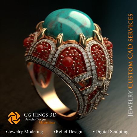 Ring With Amazonite,Coral and Diamonds - 3D CAD Jewelry