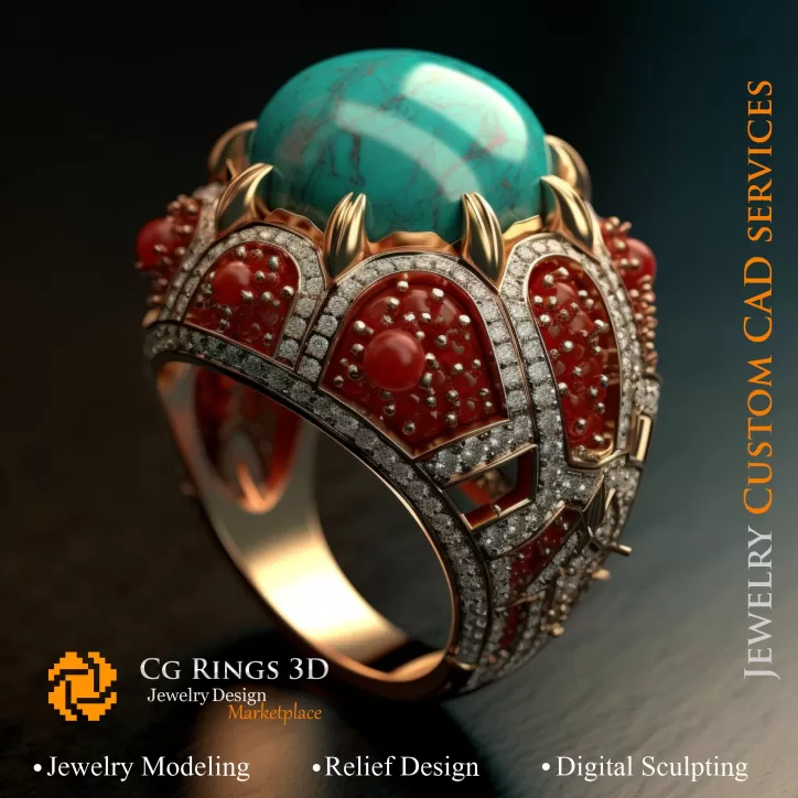 Bague avec amazonite, corail et diamants - 3D CAO Bijoux