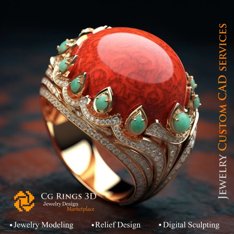 珊瑚、祖母绿与钻石戒指 - 3D CAD 珠宝