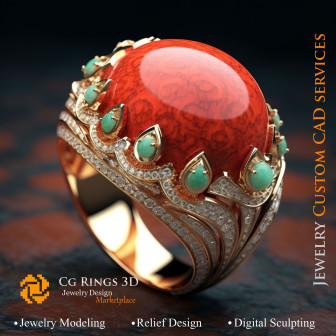 Ring With Coral,Emerald and Diamonds - 3D CAD Jewelry Home, AI - Jewelry 3D CAD , AI - Rings 3D CAD 