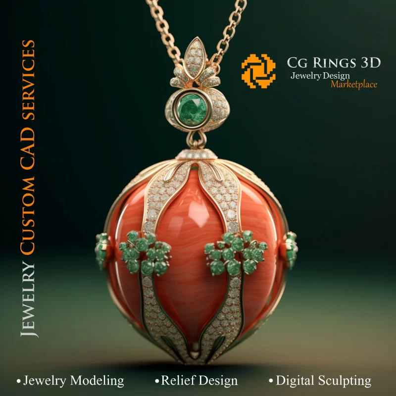 Pendant with Coral,Emerald and Diamonds - 3D CAD Jewelry Home, AI - Jewelry 3D CAD , AI - Pendants 3D CAD 