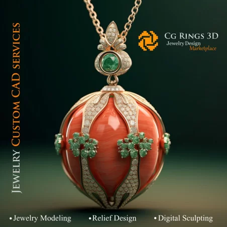 Colgante con coral, esmeralda y diamantes - CAD 3D de joyería, IA - CAD 3D de joyería, IA - CAD 3D de colgantes
