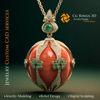 Colgante con coral, esmeralda y diamantes - CAD 3D de joyería, IA - CAD 3D de joyería, IA - CAD 3D de colgantes