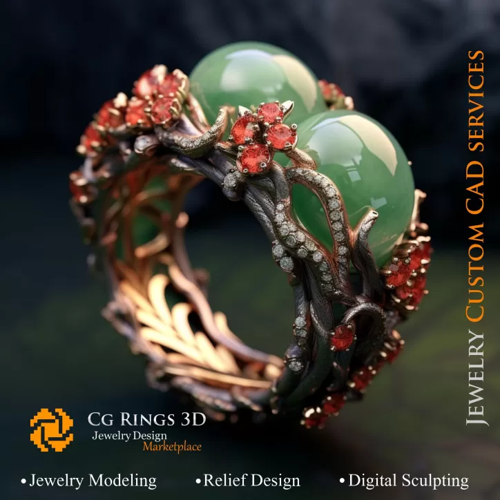 Anillo Coral con Esmeralda, Rubí y Diamantes - CAD 3D Joyería Anillo Coral con Esmeralda, Rubí y Diamantes - CAD 3D Joyería