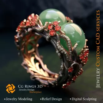 Ring Koralle mit Smaragd, Rubin und Diamanten - 3D-CAD-Schmuck Zuhause, KI - Schmuck 3D-CAD, KI - Ringe 3D-CAD