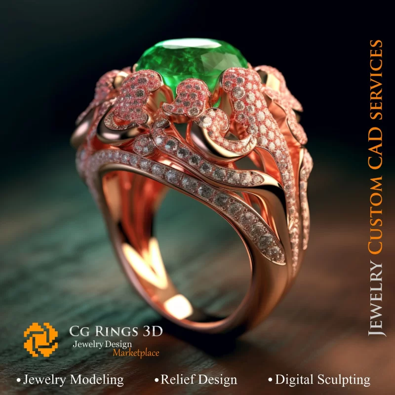 Ring Coral with Emerald and Diamonds - 3D CAD Jewelry Home, AI - Jewelry 3D CAD , AI - Rings 3D CAD 