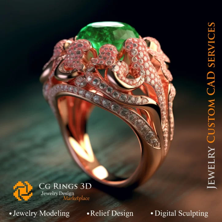 Ring Coral with Emerald and Diamonds - 3D CAD Jewelry