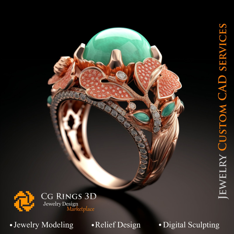 Bague Corail avec Émeraude et Diamants - Bijoux 3D CAO Home, AI - Bijoux 3D CAO, AI - Anneaux 3D CAO 