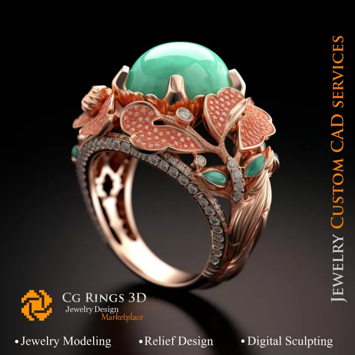 Ring Koralle mit Smaragd und Diamanten - 3D CAD Schmuck