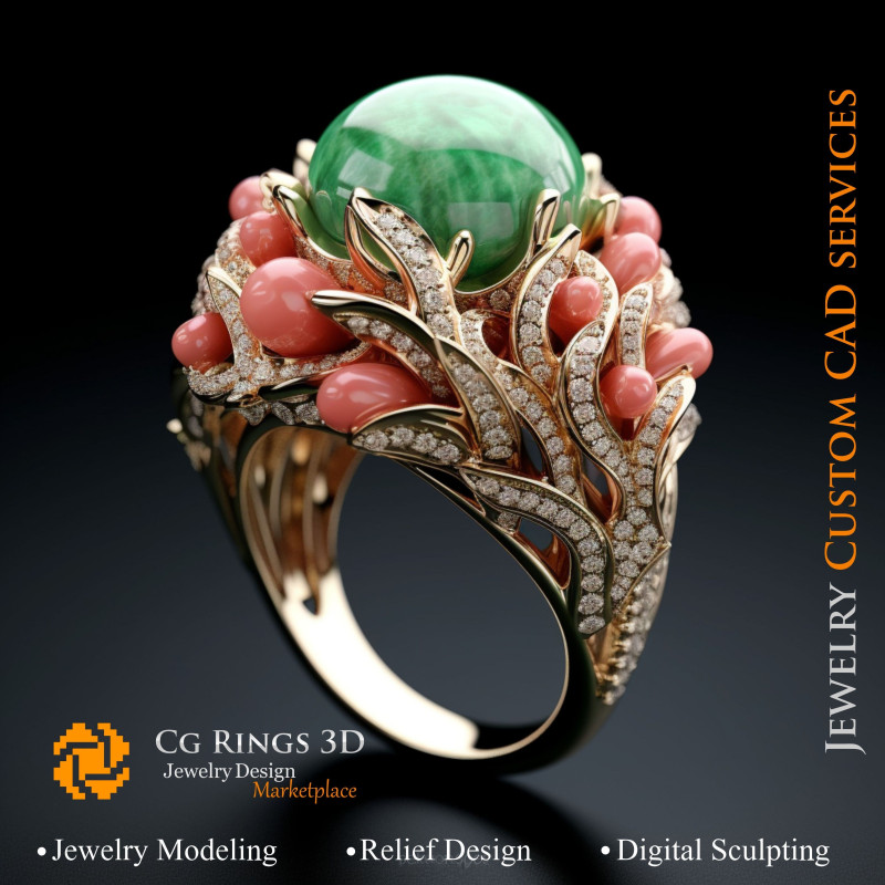 Ring Coral with Emerald,Coral and Diamonds - 3D CAD Jewelry Home, AI - Jewelry 3D CAD , AI - Rings 3D CAD 