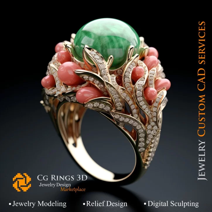 Bague Corail avec Émeraude,Corail et Diamants - Bijoux 3D CAO