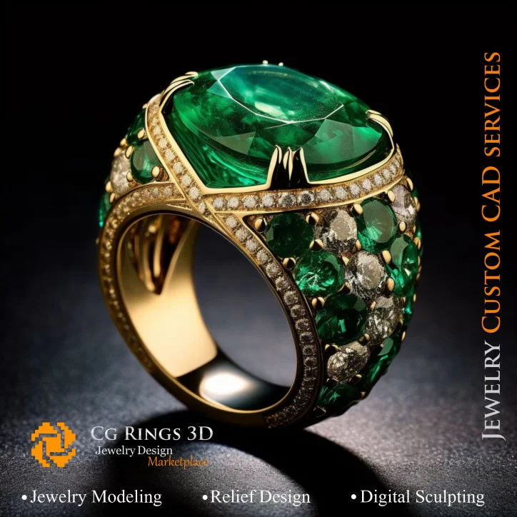 Ring With Emerald and Diamonds - 3D CAD Jewelry