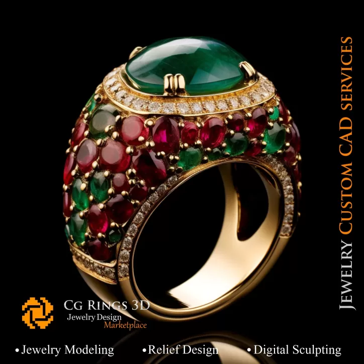 Ring Koralle mit Smaragd, Rubin und Diamanten - 3D CAD Schmuck